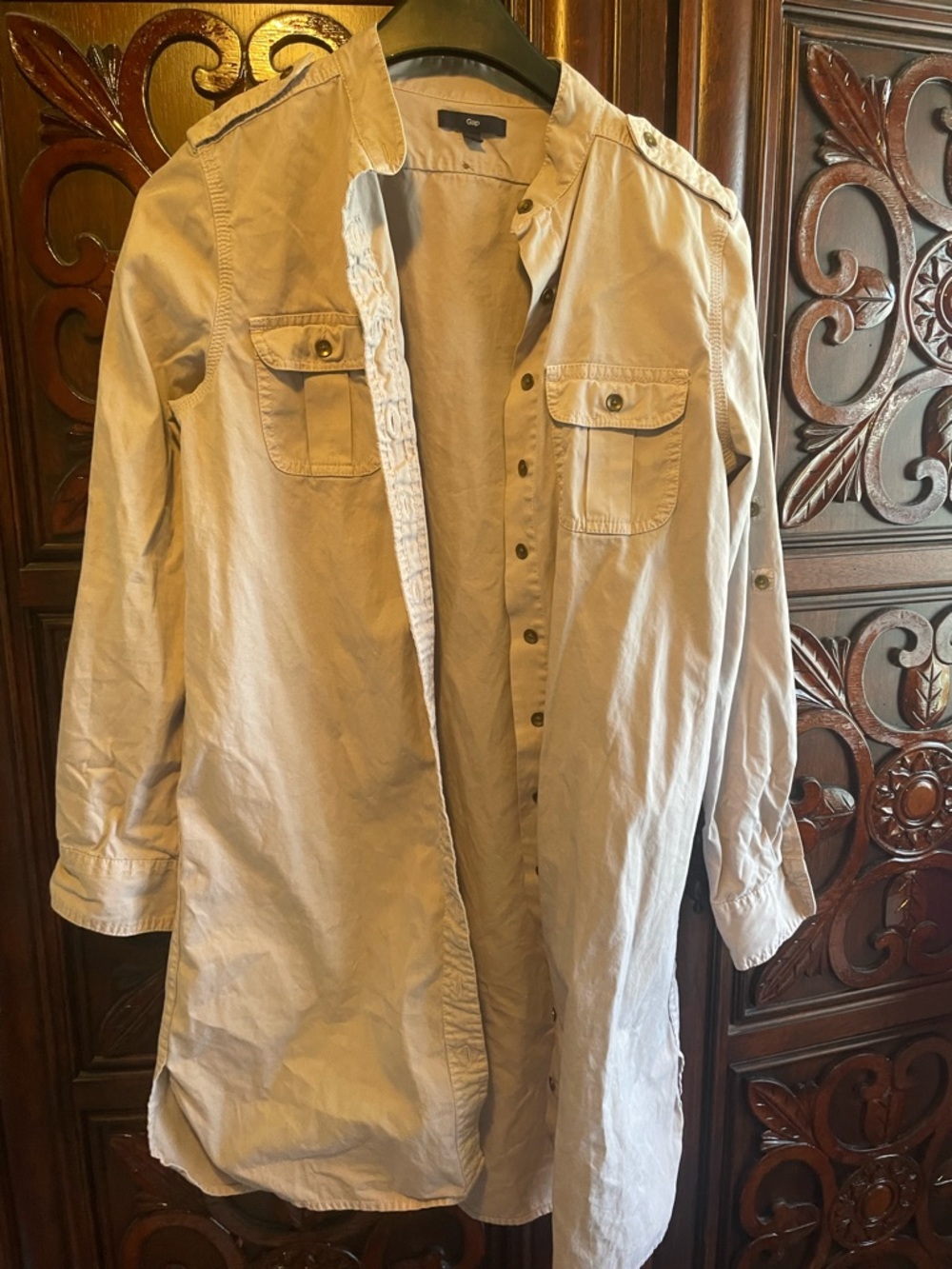 GAP Long Sleeve Shirt Dress in Light Beige